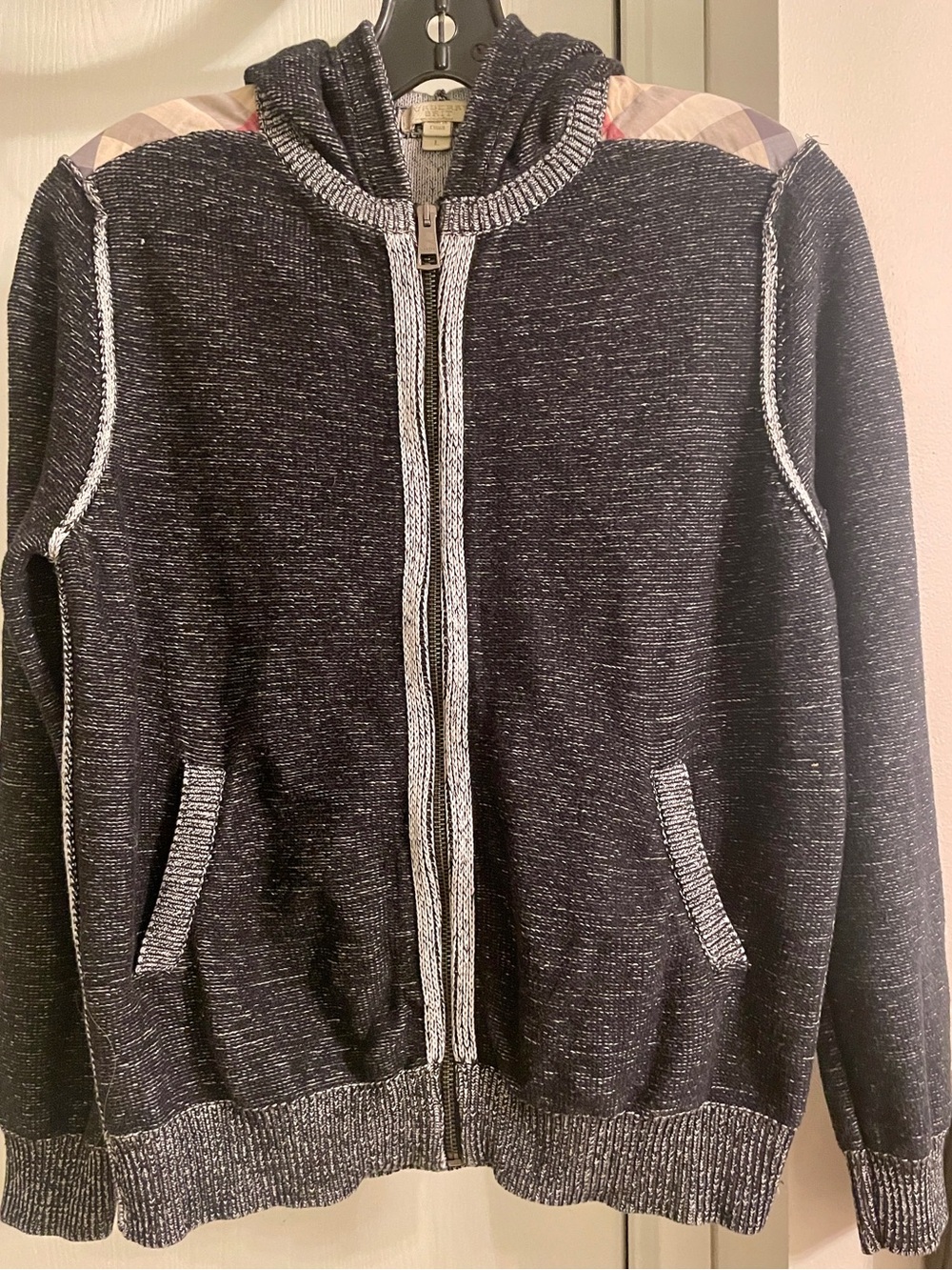 Burberry Brit Gray Heather Zip-Up Sweater Hoodie with Plaid Accent